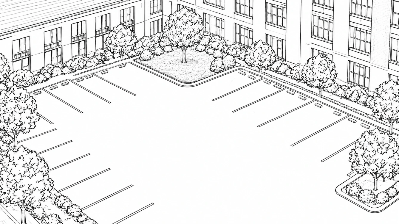 An architectural line drawing of a multifamily community car park, seen from above at an angle: marked bays with parked cars, drive lanes, a planted island, street trees and the surrounding apartment buildings.