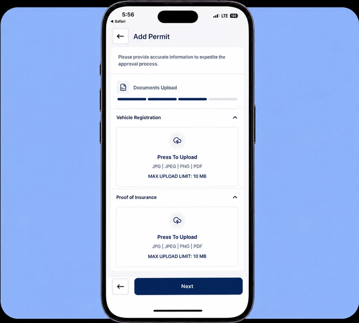 A resident adding a permit on their phone: a documents-upload step with vehicle registration and proof of insurance, and a progress bar showing how much of the application is left.