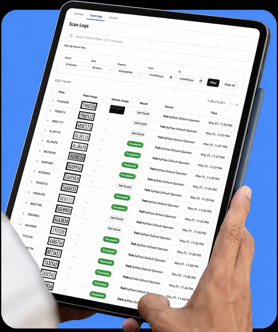 The scan log open on a tablet: thousands of results, each row showing the plate, a photo of the plate, and whether the vehicle was matched to a permit or not found.