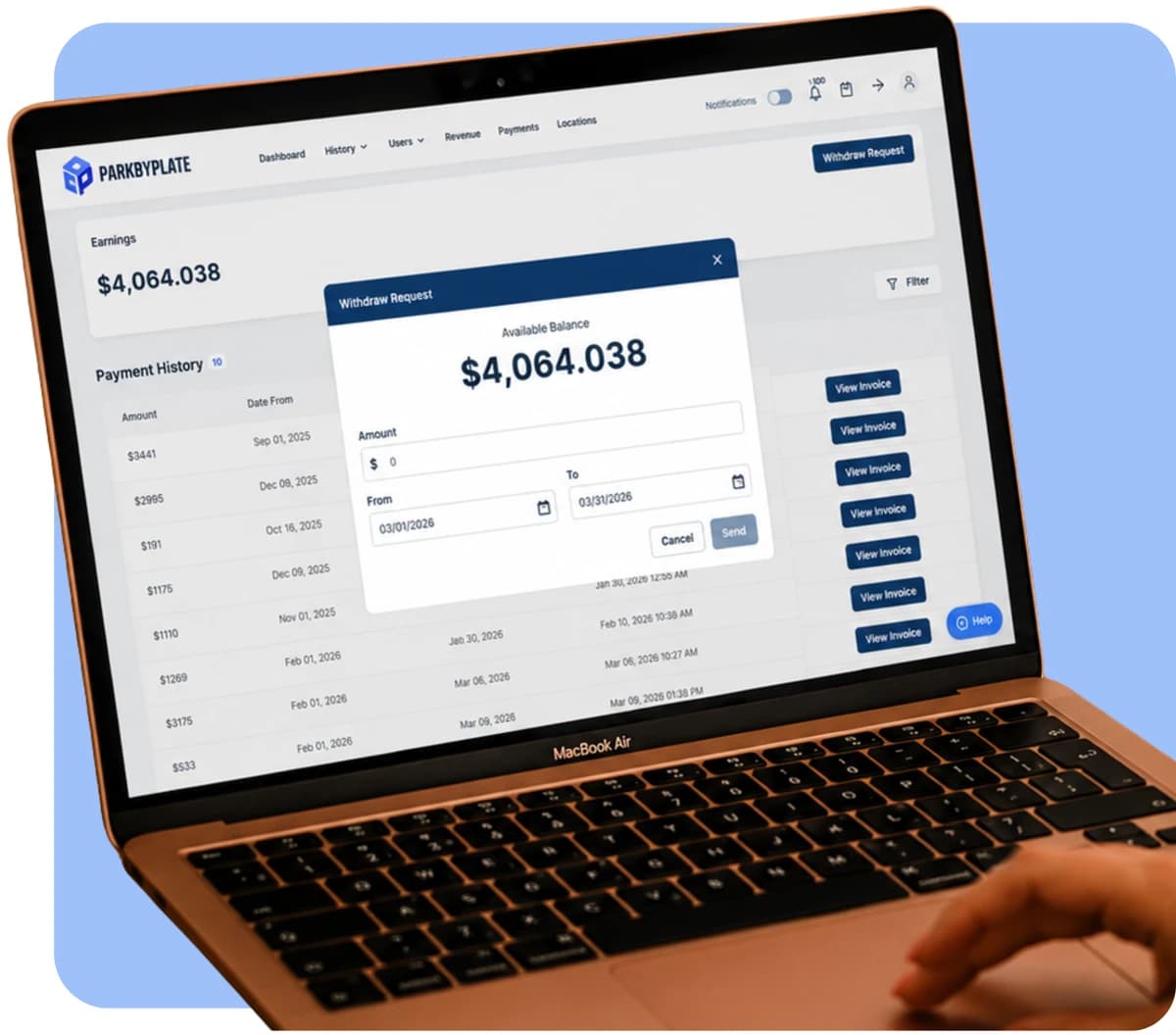The ParkByPlate revenue dashboard open on a laptop with a withdrawal request in progress: available balance, an amount field, and a date range to withdraw against.