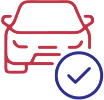 Outline of a car in red with a blue checkmark beside it.